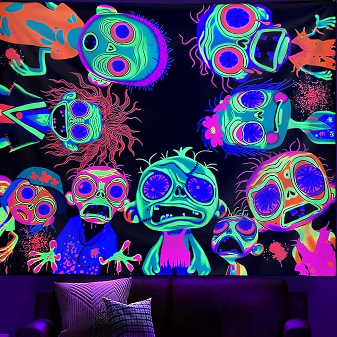 Horror Tapestry Blacklight Tapestry for Bedroom Zombie Crowd Around Tapestries UV Reactive Poster Glow in the Dark Walker Undead Ghoul Tapestries Wall Hanging Halloween Decor Scary Room Decor 59"x51"