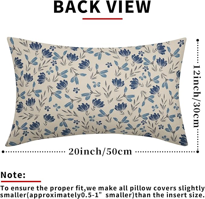 Blue Grey Gray Floral Pillow Covers 12x20 Set of 2 Vintage Rustic Old Style Cute Small Flower Print Rectangle Decorative Outdoor Pillowcases Farmhouse Throw Cushion Case Decor for Couch Sofa Bed