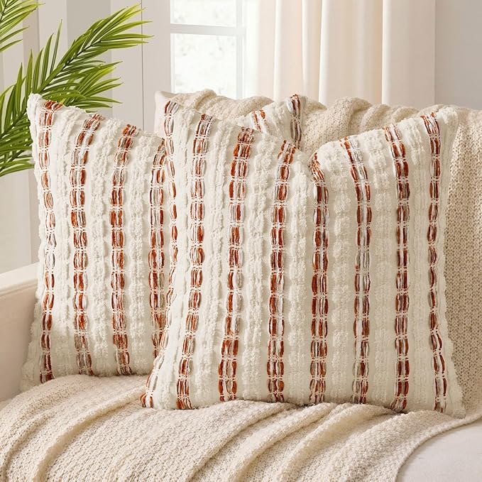 ANRODUO Boho Chenille Pillow Covers with Textured Tufted Stripes 20x20 Inch Set of 2 Woven Decorative Cushion Case Farmhouse Accent Neutral Pillowcase for Couch Sofa Bed Living Room Decor,Orange White