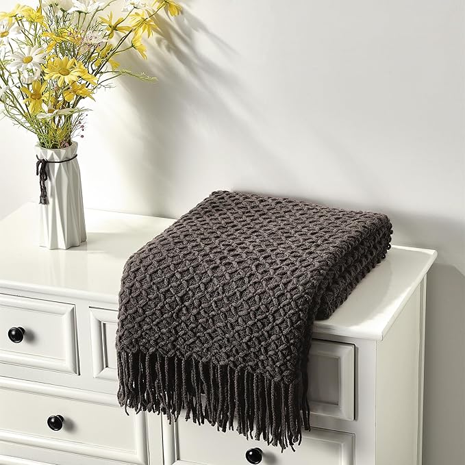 CREVENT Farmhouse Boho Knitted Throw Blanket for Couch Sofa Chair Bed Home Decoration, Soft Warm Cozy Light Weight for Spring Summer Fall (50''X60'' Chocolate)