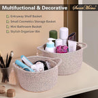 Small Gift Basket Empty Set of 2 - Little Cute Woven Rope Organizer Bins for Baby Shower Gifting, Makeup, Bathroom, Desk, Decorative Vanity - Pre-Shaped, Brown
