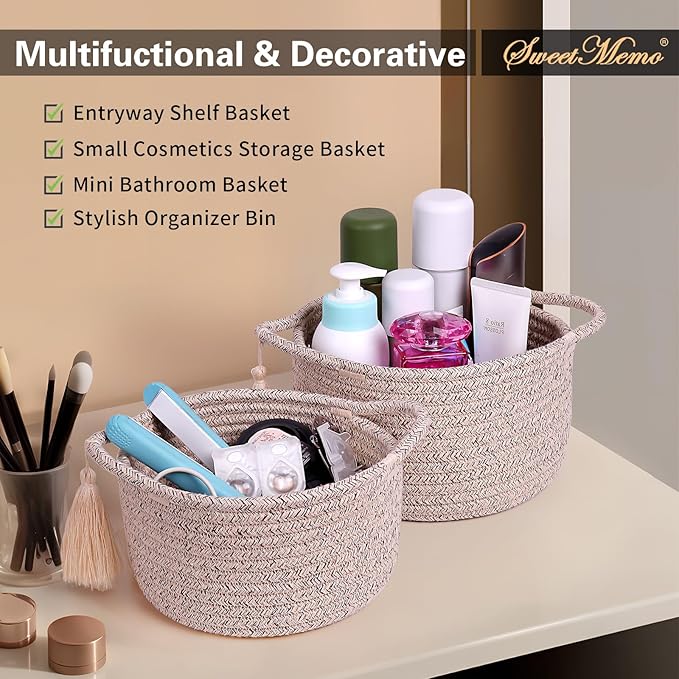 Small Gift Basket Empty Set of 2 - Little Cute Woven Rope Organizer Bins for Baby Shower Gifting, Makeup, Bathroom, Desk, Decorative Vanity - Pre-Shaped, Brown