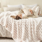 NEWCOSPLAY Super Soft King Blanket Ivory Premium Silky Flannel Fleece 3D Ribbed Jacquard Lightweight Bed Blanket All Season Use (Ivory Ribbed, King(90"x110"))