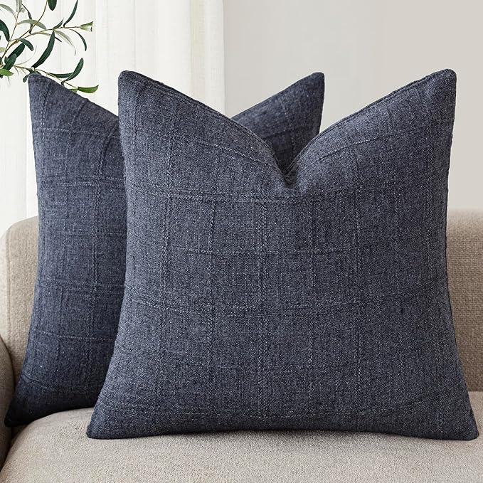 Foindtower Set of 2 Decorative Linen Check Throw Pillow Covers Neutral Farmhouse Vintage Cushion Covers Modern Boho Home Decor for Sofa Chair Couch Bedroom Living Room,24×24 Inch,Navy Blue