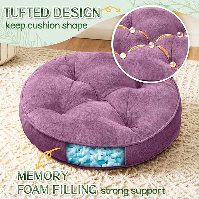 Floor Pillow Set of 2, Memory Foam Meditation Cushion, Floor Cushions for Adults Sitting, Large Round Seat Cushions for Yoga, Living Room, 20x20 Inch (Round | Pearly Purple)