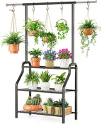 Plant Stand Indoor Outdoor, 3-Tier Heavy Duty Metal Hanging Plant Shelf, 61'' Tall Large Plant Holder Rack for Multiple Big Pots, Flower Stand for Living Room, Garden, Balcony, Black