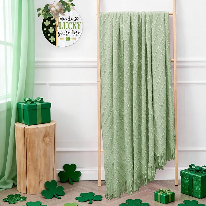 inhand Basil Green Knitted Throw Blanket for Couch and Bed, St. Patrick’s Day Lucky Spring Gifts Throw for Her or Him, Soft Farmhouse Woven Blanket with Tassel, Lightweight Decorative, 50"x60"