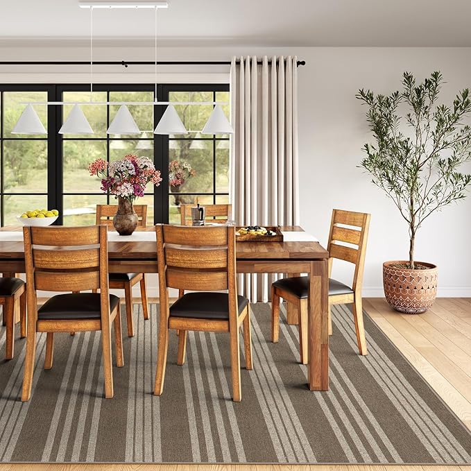 Lahome Elance Striped Non Shed Easy Jute Rug, 5x7 Large Living Dining Room Rug Washable Outdoor Patio Rug, Farmhouse Neutral Non Slip Stain Resistance Indoor Outdoor Carpet for Sunroom Bedroom, Khaki