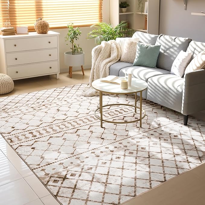 Lessymo Area Rugs 5x7, Washable Modern Area Rugs, Super Soft Faux-Wool Carpet for Living Room Bedroom Dining Room, Non-Slip Low Pile, Geometric Beige