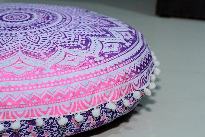 Round Mandala Floor Pillow Cover Seating Cushion Throw Ottoman Pouf Cover Pom Pom Pillow Cases Hippie Decorative Bohemian Boho Indian 22 Inches (Pink White)