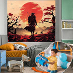 Atrippy Japanese Anime Samurai Tapestry, Cool Black Desert Red Sun Wall Hanging for Bedroom Aesthetic, Asian Japanese Sunset Wall Art Tapestries Poster Home Decor for Living Room Dorm 51x60 Inches