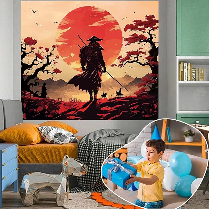 Atrippy Japanese Anime Samurai Tapestry, Cool Black Desert Red Sun Wall Hanging for Bedroom Aesthetic, Asian Japanese Sunset Wall Art Tapestries Poster Home Decor for Living Room Dorm 51x60 Inches