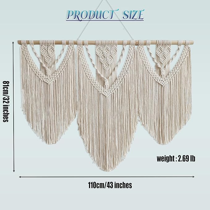 oiikain Large Handmade Boho Macrame Wall Hanging Tapestry - Chic Bohemian Woven Home Decor art for Living Room, Bedroom, and Wedding Parties (Beige, twelve rhombus)