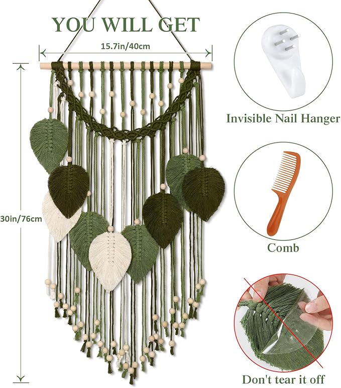 Weldomcor Macrame Wall Hanging Boho Leaf Woven Tapestry, Bohemian Chic Home Decor Modern Handmade Leaves Feather Wall Art Decorations for Bedroom Living Room Apartment Ornament 16.5"W X 31.5"L (Army Green)