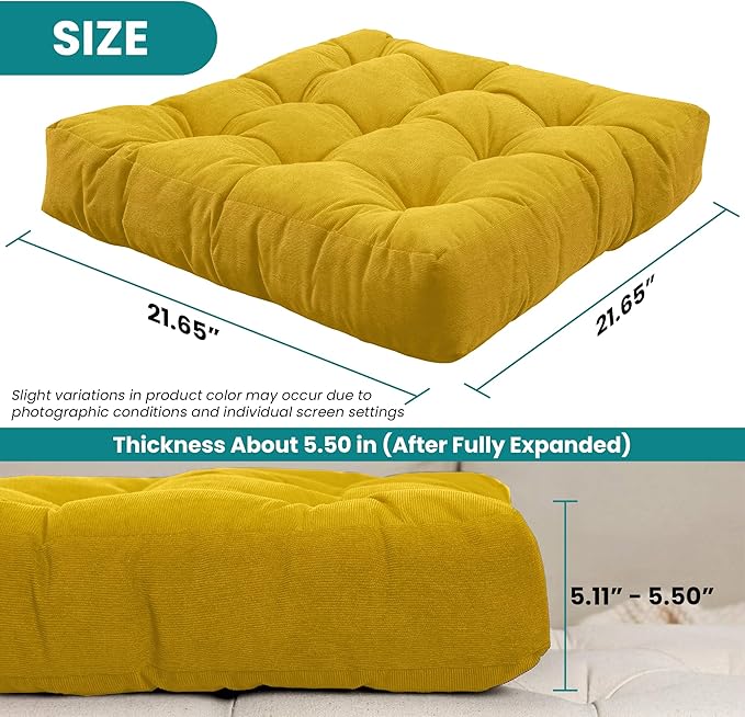 NEST & LOOM Floor Cushions - Floor Chair Pillow, Meditation Cushion, Square Large Floor Pillow, Solid Thick Tufted Floor Pillow - Yellow - 21.65" x 21.65"