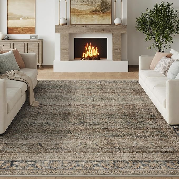 FMFUNCTEX 8x10 Washable Area Rug Brown Vintage Neutral Distressed Large Non Slip Carpet for Living Room Bedroom Soft Low Pile Indoor Mat Retro Throw Rug for Dining Room Kitchen Office Nursery, Multi