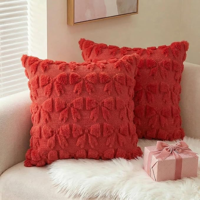 AVOIN colorlife Red Spring Bow Throw Pillow Covers Set of 2, 18 x 18 Inch Coquette Aesthetic Room Decor Soft Plush Faux Fur Cushion Case for Girls Room