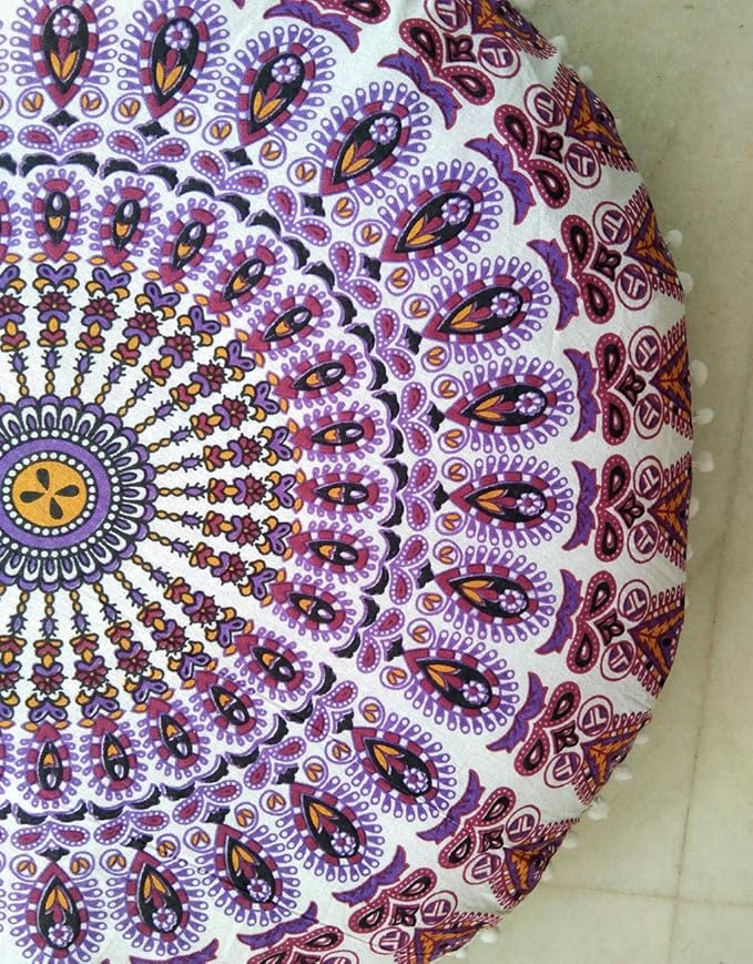 Mandala Floor Pillow Cushion Seating Throw Cover Hippie Decorative Bohemian Ottoman Poufs, Pom Pom Pillow Cases,Boho Indian (32 Inches, Purple White)