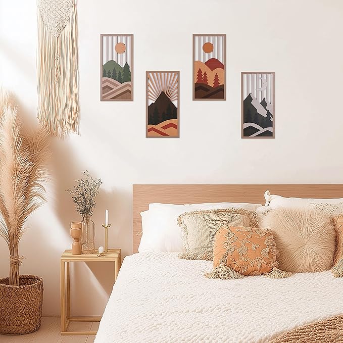 suruim Boho Wall Art Set of 4, Abstract Geometric Wooden Wall Decor, Mid-Century Modern Aesthetic Artwork with Arch, Vase & Botanical Design for Modern Home Decor for Bedroom, Office & Living Room(F)