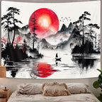 Japanese Red and Black Forest Tapestry, Anime Mountain Tree Sun Aesthetic Tapestry Wall Hanging for Men, Cool Asian Dark Nature Landscape Tapestries Ink Art Decor for Living Room College Dorm, 40X30IN