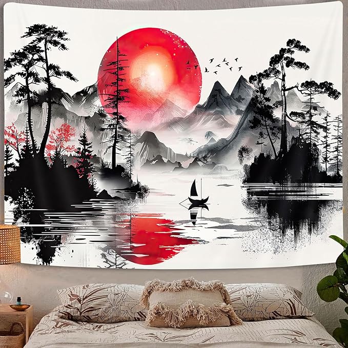 Japanese Red and Black Forest Tapestry, Anime Mountain Tree Sun Aesthetic Tapestry Wall Hanging for Men, Cool Asian Dark Nature Landscape Tapestries Ink Art Decor for Living Room College Dorm, 80X60IN