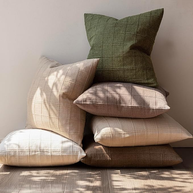 Foindtower Set of 2 Decorative Linen Check Throw Pillow Covers Neutral Farmhouse Vintage Cushion Covers Modern Boho Home Decor for Sofa Chair Couch Bedroom Living Room,24×24 Inch,Olive Green