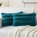 FUTEI Teal Decorative Throw Pillow Covers 12x20 Inch Set of 2, Square Soft Faux Rabbit Fur Thick Striped Lumbar Pillow Case,Spring Home Decor for Couch Bed Living Room