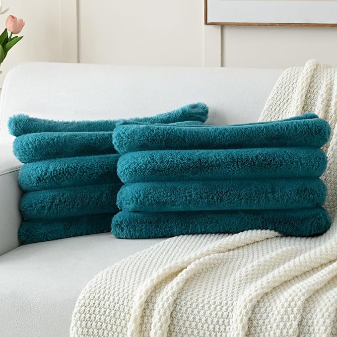 FUTEI Teal Decorative Throw Pillow Covers 12x20 Inch Set of 2, Square Soft Faux Rabbit Fur Thick Striped Lumbar Pillow Case,Spring Home Decor for Couch Bed Living Room