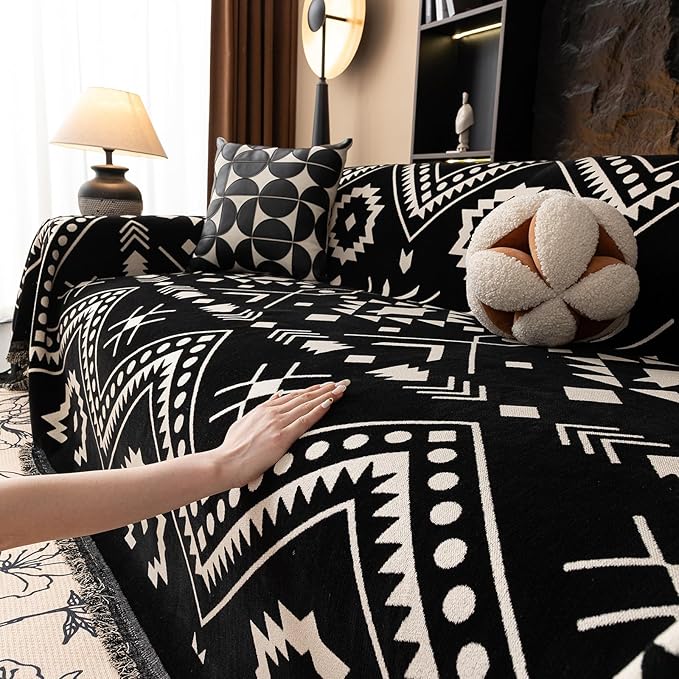 VClife Bohemian Southwestern Pattern Sofa Cover Non Slip Washable Couch Cover - White Black Aztec Geometric Chenille Couch Cover for 3 Cushion Couch Sofa Vintage Slip Cover 71" X 134"