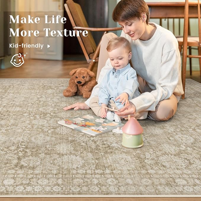 5x7 Area Rugs for Living Room: Washable Vintage Floral Rug Low Pile Non-Slip Boho Carpet for Nursery Bedroom Dining Room (Brown, 5'x7')