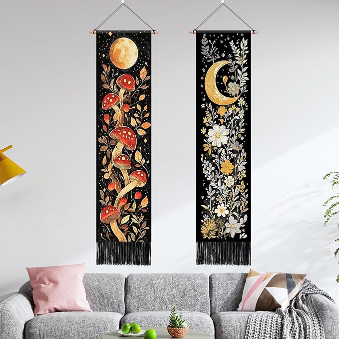 AOHMPT Pack of 2 Long Vertical Tapestry,Nature Landscape Tapestry with Serene Mountain River, Moon & Sun Motifs,Traditional Ink Painting Wall Art,Zen Aesthetic Wall Hanging for Living Room Bedroom Decor 13" W x 51" H"