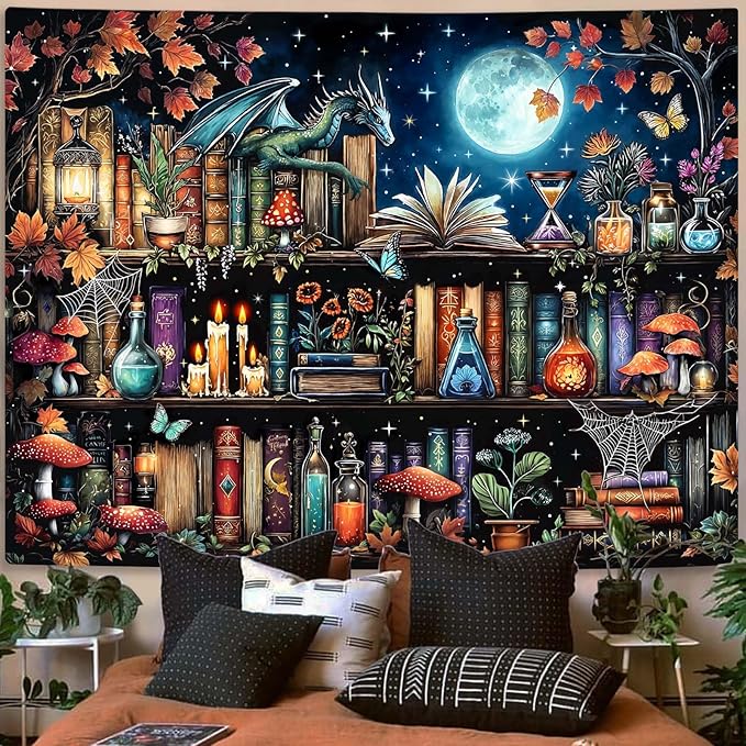 Accnicc Dragon Bookshelf Tapestry Witchy Mushroom Bookshelf Tapestries Wall Hanging Gothic Medieval Fantasy Moon Dark Academia Book Extra Large Tapestry for Bedroom Living Room Dorm 90 x 68 inch