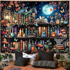 Accnicc Dragon Bookshelf Tapestry Witchy Mushroom Bookshelf Tapestries Wall Hanging Gothic Medieval Fantasy Moon Dark Academia Book Extra Large Tapestry for Bedroom Living Room Dorm 90 x 68 inch