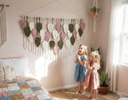 WOODSTICK Large Macrame Wall Hanging 52.3"W x 31"L - Boho Wall Decor in Beige, Old Pink & Green - Chic Woven Leaf Leaves Boho Tapestry, Handmade Cotton Fiber Art, Macrame Wall Décor, Bedroom Tapestry