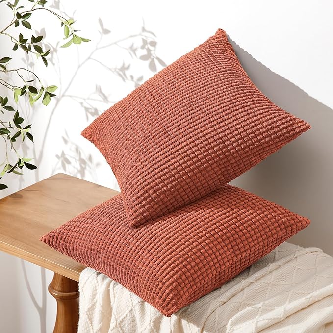 Softalker Fall Decorative Throw Pillow Covers 20 x 20 Inch, Set of 2, Thanksgiving Autumn Harvest Super Soft Corduroy Boho Striped Pillowcases for Couch Sofa Living Room Bed Home Decor, Burnt Orange