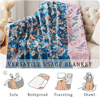Boho Blanket Soft Muslin BohoThrow Blanket, 100% Cotton Floral Printed Farmhouse Decor All Season Reversible Rustic Throw for Sofa Couch Chair (Blue, 50"x60")