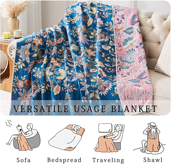 Boho Blanket Soft Muslin BohoThrow Blanket, 100% Cotton Floral Printed Farmhouse Decor All Season Reversible Rustic Throw for Sofa Couch Chair（Blue, 60"x80"）