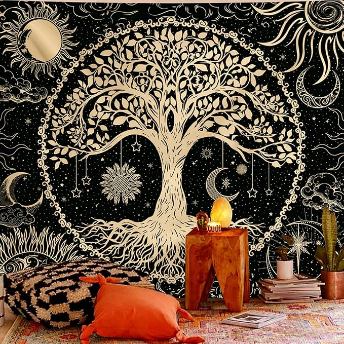 Avinyl Tree of Life Wall Tapestry for Bedroom, Sun and Moon Hippie Tapestries Aesthetic, Black and Gold Wall Hanging Home Decor for Dorm Living Room Office 60in x 79in