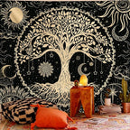 Avinyl Tree of Life Wall Tapestry for Bedroom, Sun and Moon Hippie Tapestries Aesthetic, Black and Gold Wall Hanging Home Decor for Dorm Living Room Office 71in x 91in