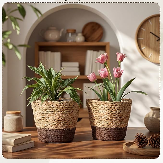 12 Pcs Seagrass Plant Basket with Plastic Liners Woven Stylish Planter Baskets Bulk Indoor Outdoor Plants Woven Wicker Baskets for Flower Pots Cover and Room Decor Small (Small,Scandinavian)