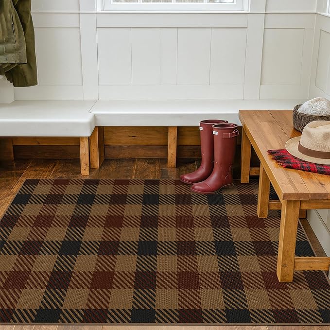 JTJ Vintage Large Door Mat Indoor Entrance - 3x4 Easy Jute Fall Rugs Outdoor for Patio, Balcony, Kitchen, Mudroom, Washable Earthy Brown and Red Checkered Elegence Décor