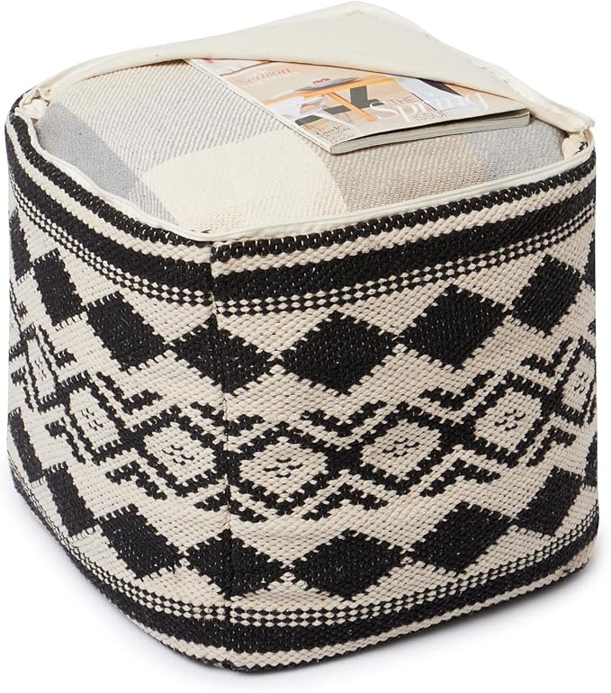 REDEARTH · UNSTUFFED Pouf Ottoman Cover Textured Cube Bean Bag Pouffe Footrest for Living Room, Bedroom, Nursery, Kidsroom; 100% Cotton(18"X18"X18", Linear Diamonds Black)