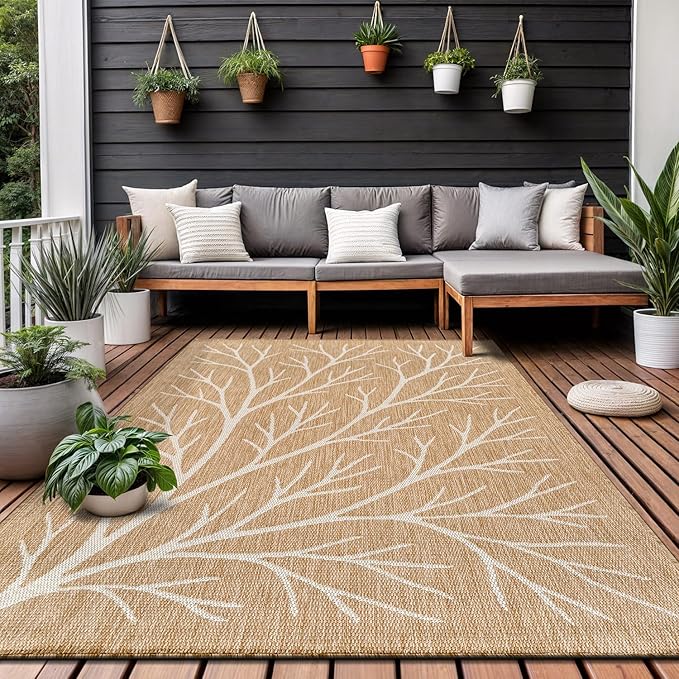 Washable Indoor Outdoor Rug 6x9 Modern Area Rugs Branch Pattern Non Shedding Waterproof Easy Clean Patio Deck Porch Living Room Bedroom Garden RV (6 X 9 Natural)