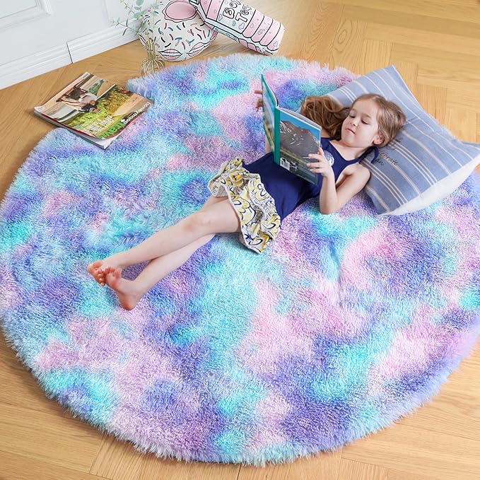 Amdrebio Purple Rainbow Round Area Rug 7Ft for Girls Bedroom Living Room Decor, Mermaid Stitch Frozen Kids Rugs for Playroom Nursery Classroom, Fluffy Fuzzy Cute Plush Carpet, Large Big Circle Rug