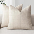 Foindtower Set of 2 Decorative Linen Check Throw Pillow Covers Neutral Farmhouse Vintage Cushion Covers Modern Boho Home Decor for Sofa Chair Couch Bedroom Living Room,16×16 Inch,Natural Beige
