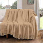 Vonty Light Brown Knitted Blanket with Tassels Fringe 50" x 60", Super Soft Knit Throw Blanket, Farmhouse Decorative Lightweight Blanket for Couch, Sofa, Bed
