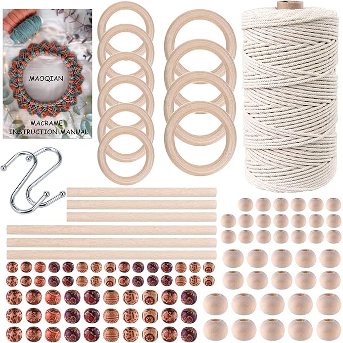 120pcs Macrame Kits for Beginners 3mm x 109yards Natural Cotton Macrame Cord with Wooden Beads & Rings,Wooden Sticks,Metal Rings Macrame Supplies Best for Macrame Plant Hanger
