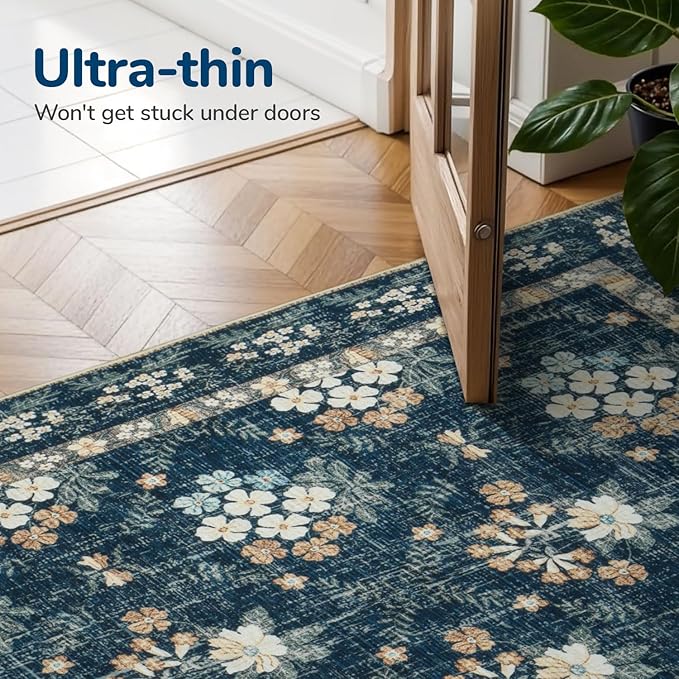 Lessymo Large Area Rugs 9x12 for Living Room, Soft Washable Rug for Bedroom Dining Room Nursery Room Farmhouse, Boho Non Slip Low Plie Carpet Vintage Floral Design, Navy/Beige