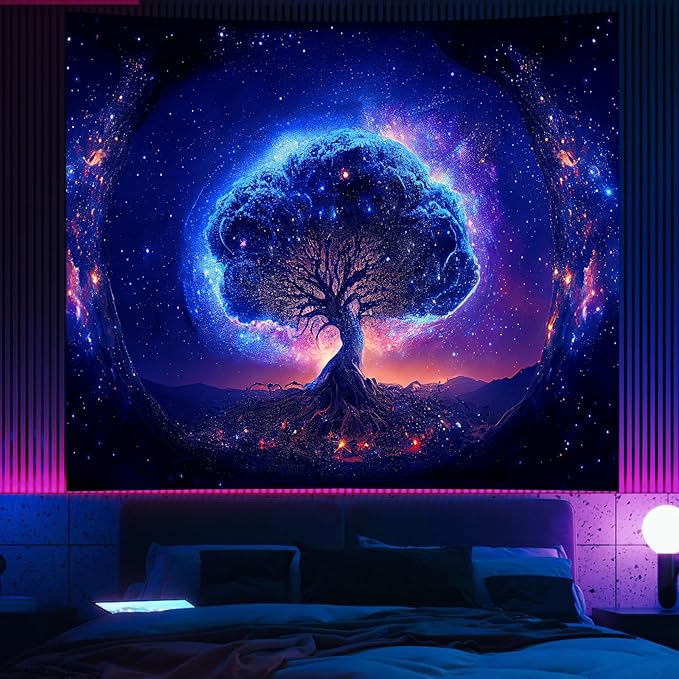 Avinyl Blacklight Tree and Space Tapestry for Bedroom, Aesthetic Cool Black Light Tree of Life Tapestries for Girl, Fantasy Stars Galaxy Wall Hanging for Living Room Teen Dorm Decor (51" x 60")