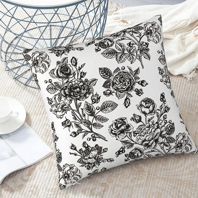 Black Floral Throw Pillow Covers 18x18 Inch Vintage Flower Black White Decorative Pillow Covers Set of 2 Farmhouse Pillowcases Square Cushion Covers for Couch Bed Sofa Chair Car Decor